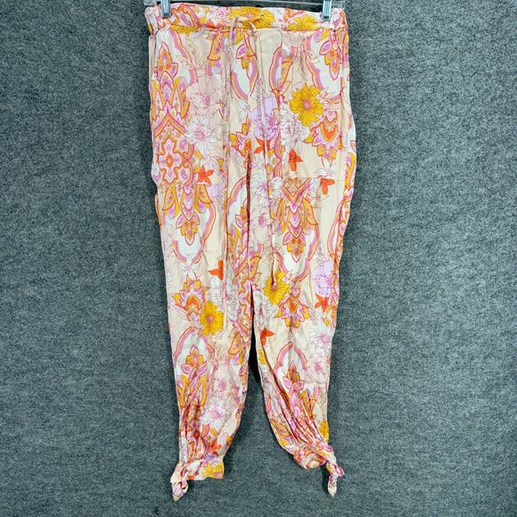 Zara Pants Women M Medium Beige Floral High Rise Chino Drawstring Flat Front - Picture 1 of 7